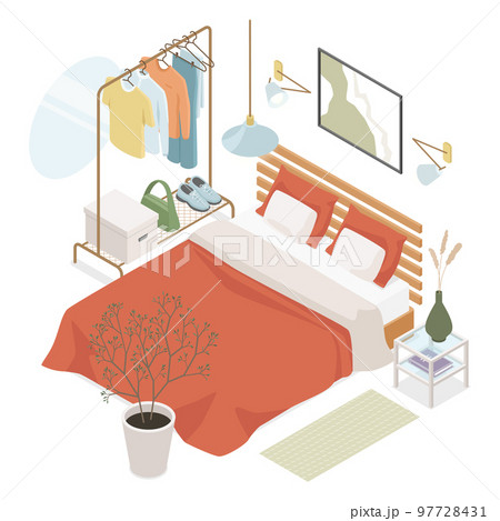 Bedroom design - modern vector colorful isometric illustration Bedroom design - modern vector colorful isometric illustration 97728431