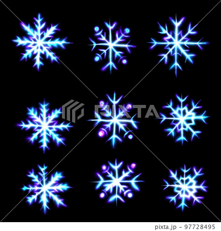 Blue glowing transparent snowflakes set, isolated icons. Merry Christmas and Happy New Year. Simple neon light. Shining winter, xmas lamp. Fluorescent, luminescent illumination. 97728495