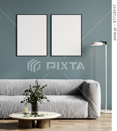 Two poster frames mockup in stylish blue living room, 3d rendering 97728547