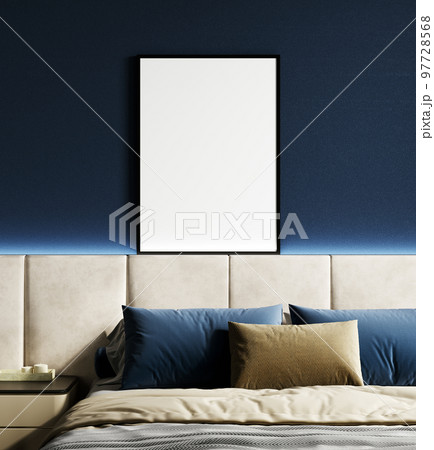 Poster frame mockup in stylish blue bedroom interior, 3d rendering Poster frame mockup in stylish blue bedroom interior, 3d rendering 97728568