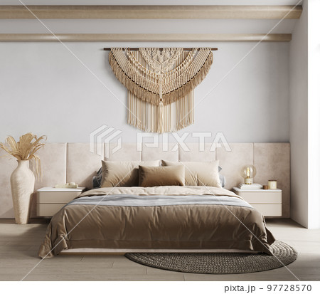 Bedroom interior background, Coastal boho style, 3d render 97728570
