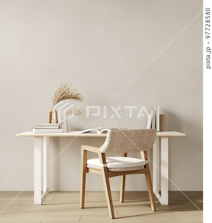 Elegant light beige home office interior with armchair and empty wall, 3d rendering 97728580