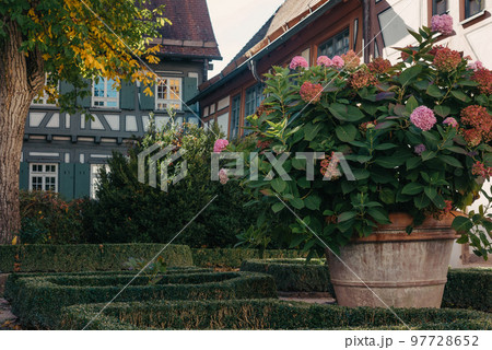 Traditional German Houses with nice garden in fall. Flowers in the City Park of Bietigheim-Bissingen, Baden-Wuerttemberg, Germany, Europe. Autumn Park and house, nobody, bush and grenery Traditional German Houses with nice garden in fall. Flowers in the City Park of Bietigheim-Bissingen, Baden-Wuerttemberg, Germany, Europe. Autumn Park and house, nobody, bush and grenery 97728652