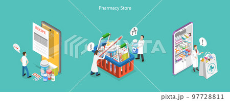 3D Isometric Flat Vector Conceptual Illustration of Pharmacy Store 97728811