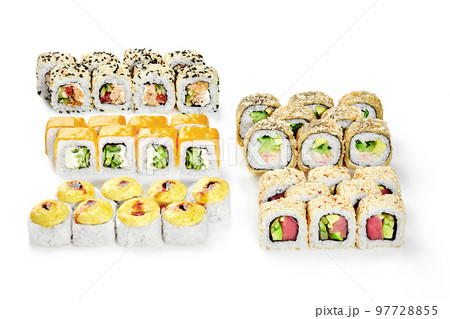 Japanese sushi set of California with tuna, uramaki, tempura and baked rolls Japanese sushi set of California with tuna, uramaki, tempura and baked rolls 97728855