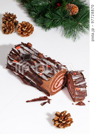 Sliced chocolate roll on white background with pine branch and fir cones 97728870