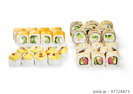 Delicious set of Japanese sushi rolls on white background Delicious set of Japanese sushi rolls on white background 97728873