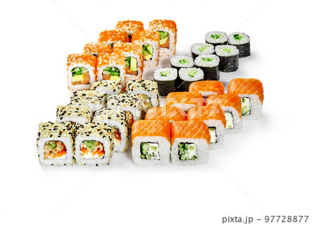 Set of Philadelphia and California rolls with salmon, uramaki with eel and cucumber hosomaki 97728877
