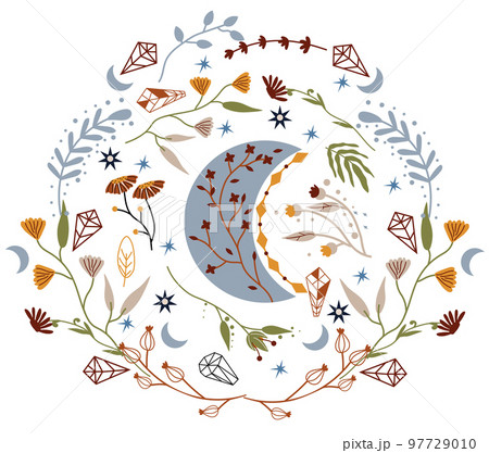 A boho composition with a celestial moon and a colorful wreath with magical flowers, leaves, mystical crystals and more. A charming floral compositions is ideal for cards, posters, flyers, banners. A boho composition with a celestial moon and a colorful wreath with magical flowers, leaves, mystical crystals and more. A charming floral compositions is ideal for cards, posters, flyers, banners. 97729010