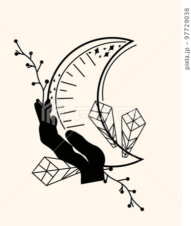 Esoteric elements of mystical astrology. Celestial moon with female hands. Black and white magic composition is perfect for posters, flyers, banners. Minimalistic design. Vector illustration. 97729036