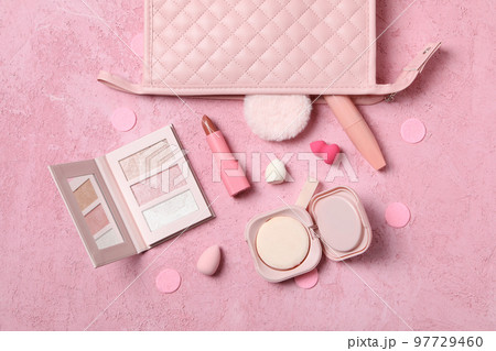 Concept of female accessories, different cosmetics, top view 97729460