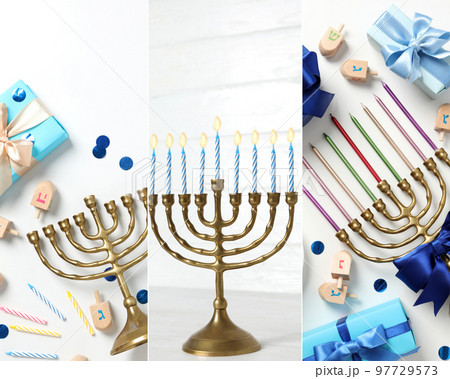 Collage of photos for Hanukkah holiday concept 97729573