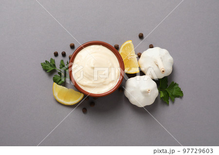 Concept of egg sauce, mayonnaise, top view Concept of egg sauce, mayonnaise, top view 97729603