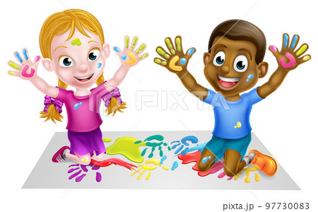 Cartoon Children Playing with Paint Cartoon Children Playing with Paint 97730083