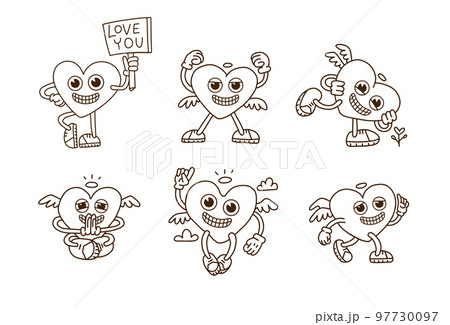 Set of weird Valentine day hearts mascot characters. Different retro vintage crazy face expressions. Trendy old cartoon comics groovy heart. Contour drawing doodle style. Vector linear illustration Set of weird Valentine day hearts mascot characters. Different retro vintage crazy face expressions. Trendy old cartoon comics groovy heart. Contour drawing doodle style. Vector linear illustration 97730097