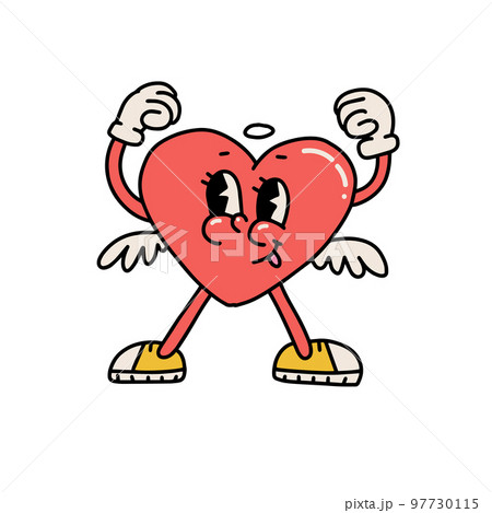 Retro winner heart character with the wings. Hippie groovy smile mascot with hands up. Valentine day concept. Vector hand drawn retro cartoon illustration Retro winner heart character with the wings. Hippie groovy smile mascot with hands up. Valentine day concept. Vector hand drawn retro cartoon illustration 97730115