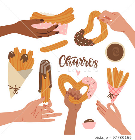 Set of female hands holding churros with chocolate sauce. Mexican snack. Hand drawn flat vector illustration. Churro sticks in paper bag, bowl with hot chocolate. 97730169