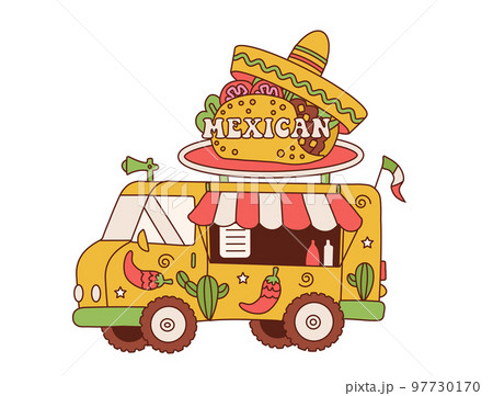 Retro Delicious Commercial Food Truck Vehicle with Mexican cuisine. Vehicle with Mexican hat and taco on the roof. Market in street vector illustration in retro cartoon style. 97730170