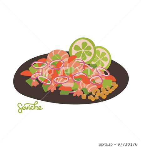 Peru ceviche. Latin American Cuisine. Seviche salad. Seafood with avocado and onions. Vector flat hand drawn illustration. 97730176