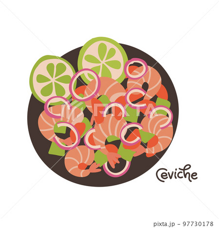 Seafood salad Ceviche isolated concept. Shrimp, avocado, tomato and onion salad of Latin American cuisine. National cuisine of Peru. Food vector flat hand drawn illustration 97730178