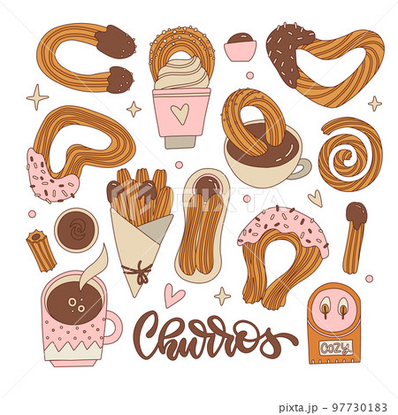 Set of differetn shapes churros with chocolate sauce. Mexican snack. Hand drawn vintage contour vector illustration. Churros sticks in paper bag, bowl with hot chocolate. Set of differetn shapes churros with chocolate sauce. Mexican snack. Hand drawn vintage contour vector illustration. Churros sticks in paper bag, bowl with hot chocolate. 97730183