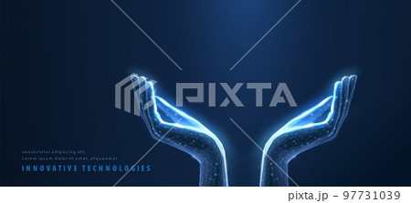 Holding hands. Abstract 3d low poly two hands hold something for care. Digital insurance, support innovation, futuristic safety technology 97731039