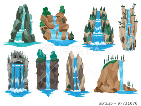 Collection of cartoon river cascade waterfalls. Landscapes with mountains and trees. Design elements for travel brochure or illustration mobile game. Fresh natural water 97731070