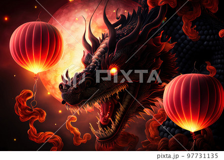 Chinese New Year Decoration--Closeup of Dancing Dragon and knots Chinese New Year Decoration--Closeup of Dancing Dragon and knots 97731135