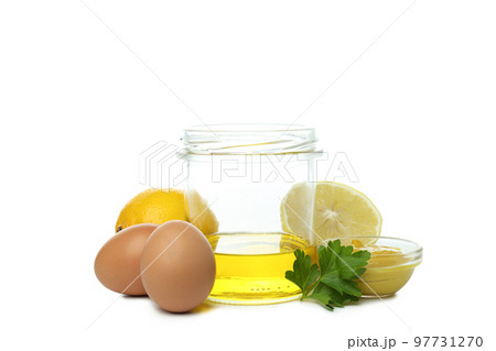 Concept of cooking egg sauce, mayonnaise sauce, isolated on white background 97731270