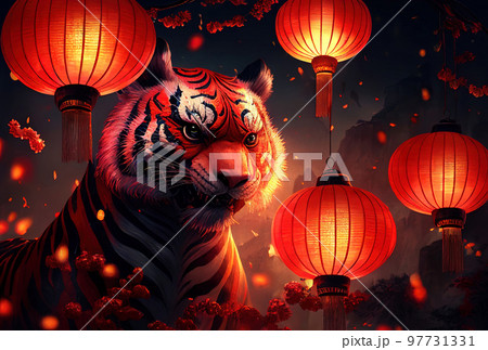 Tiger against the background of fireworks and paper lanterns as a symbol of the Chinese New Year Tiger against the background of fireworks and paper lanterns as a symbol of the Chinese New Year 97731331