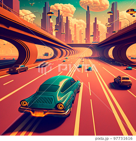 Futuristic city in retro style. Cars are driving on the highway Futuristic city in retro style. Cars are driving on the highway 97731616