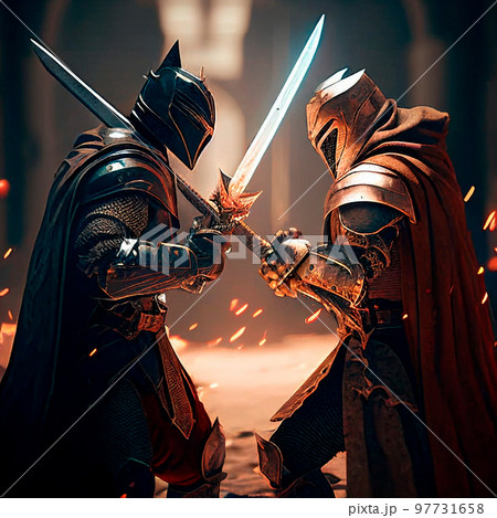 epic cinematic battle of two warriors in armor 97731658