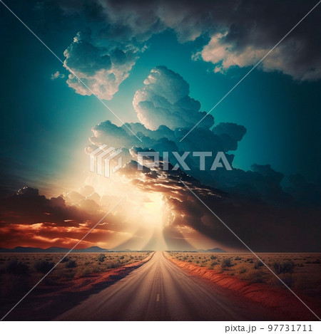 Stunningly beautiful view of the road and the sky, the road going into the sky. Symbolism of the life path Stunningly beautiful view of the road and the sky, the road going into the sky. Symbolism of the life path 97731711