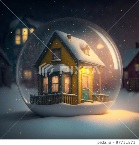 a small house with glowing windows in a glass ball, a New Year's exposition, a toy a small house with glowing windows in a glass ball, a New Year's exposition, a toy 97731873