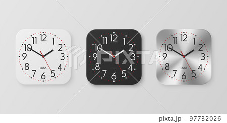 Vector 3d Realistic White, Black, Silver Square Wall Office Clock Icon Set, Design Template Isolated. Dial, Mock-up of Wall Clock for Branding and Advertise Isolated. Clock Face Design Vector 3d Realistic White, Black, Silver Square Wall Office Clock Icon Set, Design Template Isolated. Dial, Mock-up of Wall Clock for Branding and Advertise Isolated. Clock Face Design 97732026