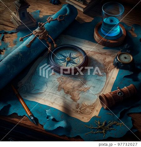 travel map and compass on the table, pirate map travel map and compass on the table, pirate map 97732027