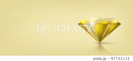 Vector Horizontal Banner with 3d Realistic Yellow Transparent Triangular Glowing Gemstone, Diamond, Crystal, Rhinestone Closeup on Green Background with Reflection. Jewerly Concept. Design Template 97732115