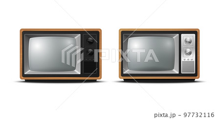 Vector 3d Realistic Brown Wooden Retro TV Receiver Isolated Icon Set Closeup Isolated on White Background. Home Interior Design Concept. Vintage TV Set, Television, Front View 97732116