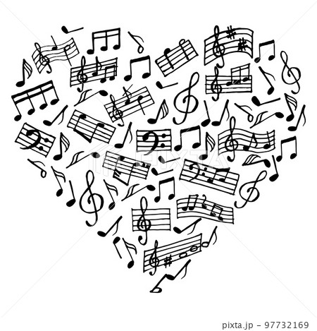 Heart made of musical notes and treble clefs. Print, illustration, vector Heart made of musical notes and treble clefs. Print, illustration, vector 97732169
