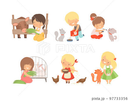 Set of cute kids feeding baby animals. Little boys and girls caring of kitten, puppy, calf, chicken, rabbit cartoon vector illustration Set of cute kids feeding baby animals. Little boys and girls caring of kitten, puppy, calf, chicken, rabbit cartoon vector illustration 97733356