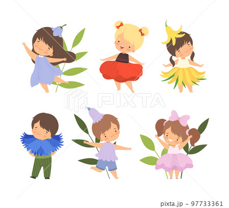 Cute kids dressed flowers carnival costumes set. Little boys and girls in festive clothes Vector Illustration cartoon vector illustration 97733361