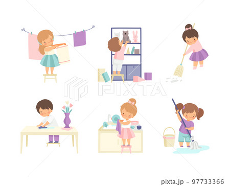 Cute kids doing housework chores set. Little boys and girls sweeping and mopping floor, washing dishes cartoon vector illustration Cute kids doing housework chores set. Little boys and girls sweeping and mopping floor, washing dishes cartoon vector illustration 97733366