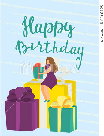 Happy Birthday card, fun event, vector illustration. Party invitation, postcard design, vintage elements, confetti. Banner with decorative ornament. 97733400