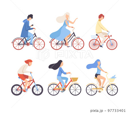 People riding bicycles set. Side view of cycling men and women exercising, relaxing or going to work. Eco friendly transport, healthy lifestyle flat vector 97733401