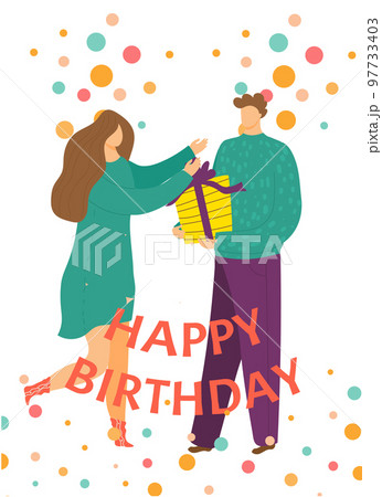 Happy Birthday card, fun event, vector illustration. Party invitation, postcard design, vintage elements, confetti. Banner with decorative ornament. 97733403