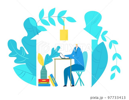 Business work from home freelance vector illustration. Businessman character make idea, online remote work, freelance with laptop. 97733413