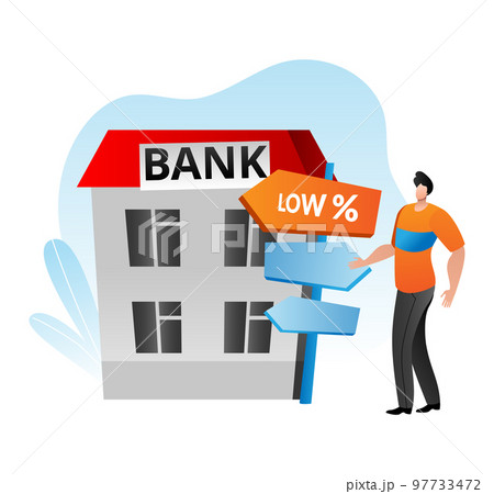 Mortgage concept vector illustration. Flat people man woman character get cash banking loan for buying house, financial agreement 97733472