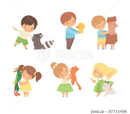 Cute Little Boy and Girl Interacting with Animal in Petting Zoo Vector Set Cute Little Boy and Girl Interacting with Animal in Petting Zoo Vector Set 97733496