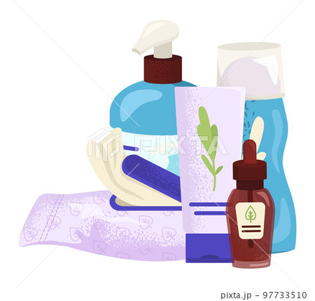 Hygiene bath product vector illustration. Beauty care by soap, shampoo bottle, liquid and cosmetic spray icon collection. Flat plastic container Hygiene bath product vector illustration. Beauty care by soap, shampoo bottle, liquid and cosmetic spray icon collection. Flat plastic container 97733510
