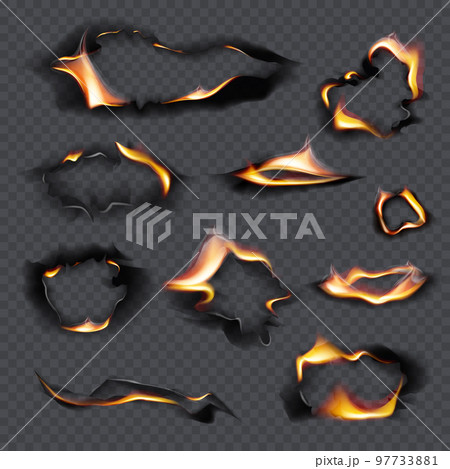 Burning holes, fire flames. Realistic burnt paper. Burned paper realistic fire flame isolated page sheet torn ash vector illustration Burning holes, fire flames. Realistic burnt paper. Burned paper realistic fire flame isolated page sheet torn ash vector illustration 97733881